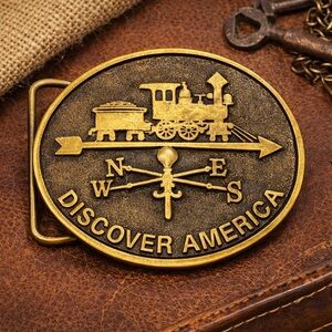 Discover America Brass Train Compass Belt Buckle - Vintage – Dezy Denver